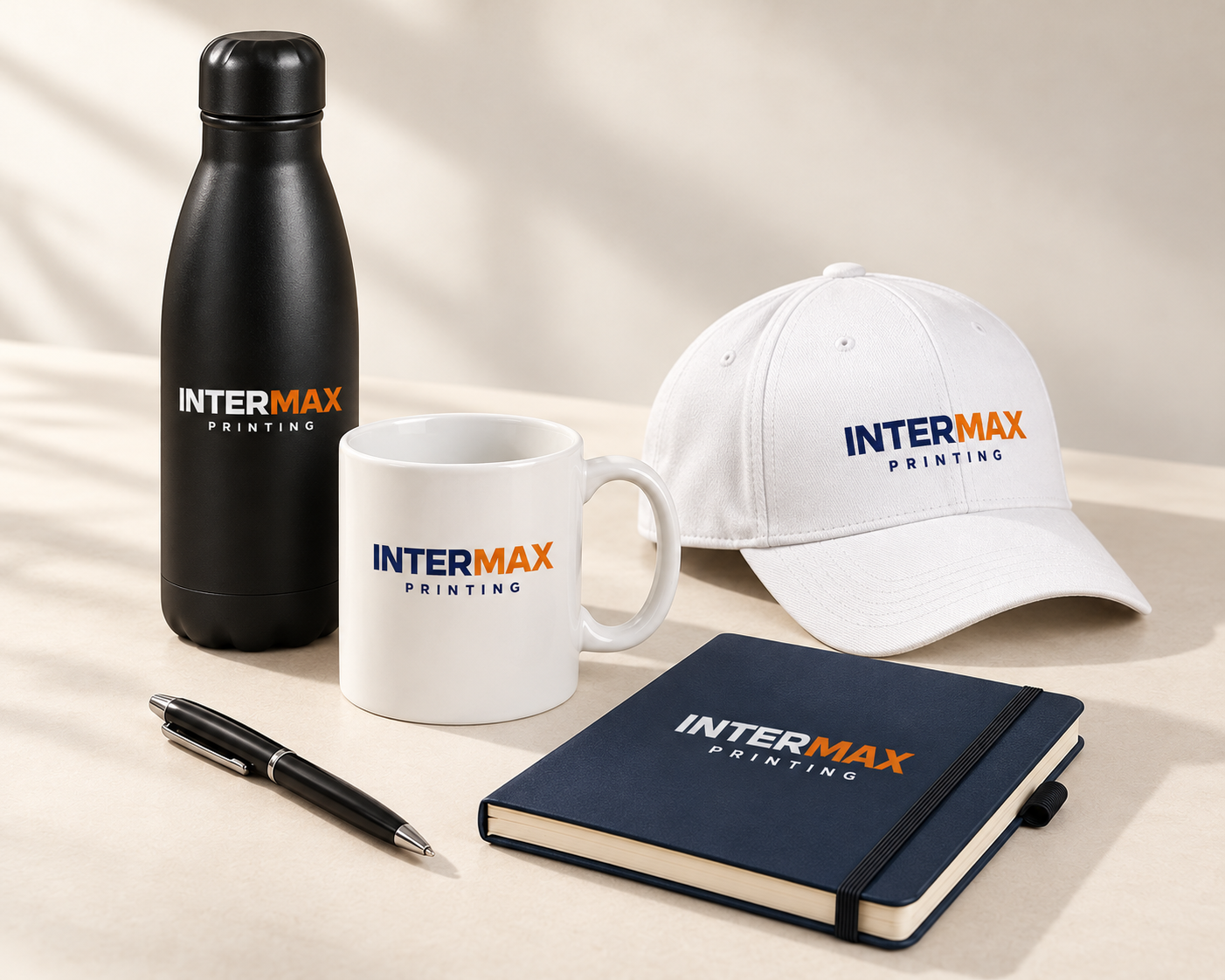 Branded bottle, mug, cap and notebook